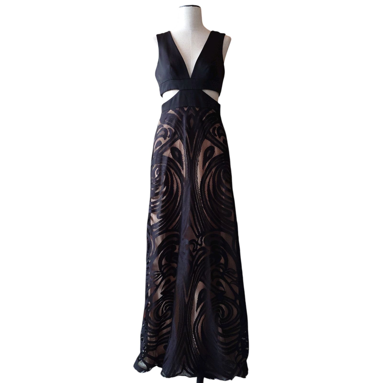 BCBGMAXAZRIA カットアウトデザイン グラフィックレース ロングドレス 