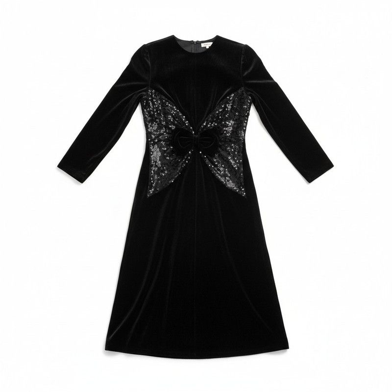 美品 HANAE MORI ハナエモリ ロングワンピース 黒 リボン 日本製 ハナエモリ 森英恵 ワンピース ロング 長袖 ベロア リボン ラメ 刺繍