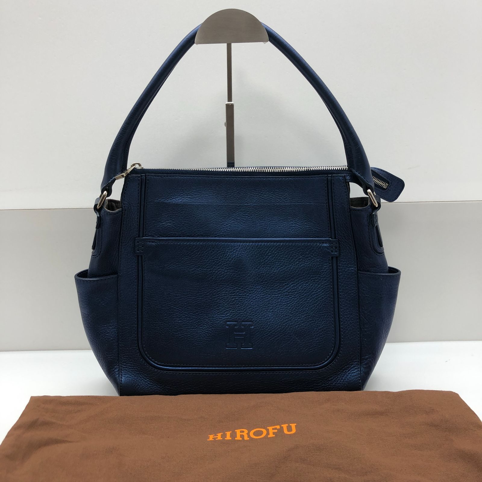 【袋付き】HIROFU ハンドバッグ レザー メタリックブルー ヒロフ SGSF26-0860