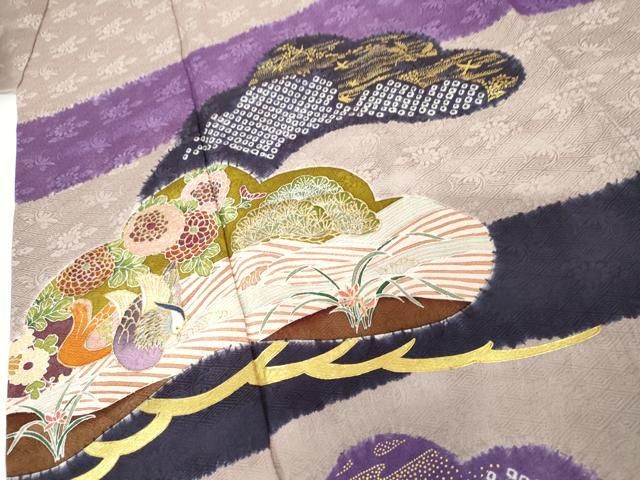 平和屋着物○豪華振袖 友禅 絞り 花鳥松文 金彩 正絹 逸品 AABG7922cs