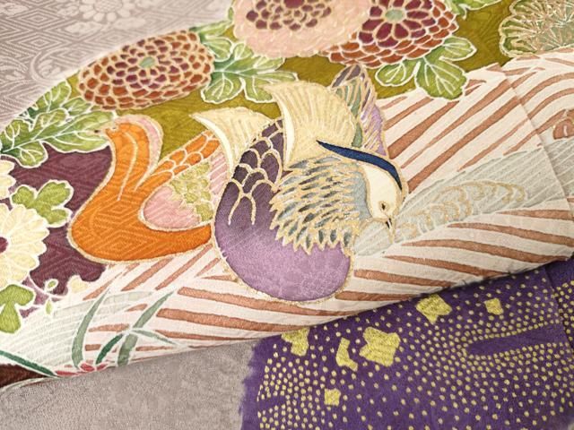 平和屋着物●豪華振袖　友禅　絞り　花鳥松文　金彩　正絹　逸品　AABG7922cs 平和屋着物○豪華振袖 友禅 絞り 花鳥松文 金彩 正絹 逸品 AABG7922cs