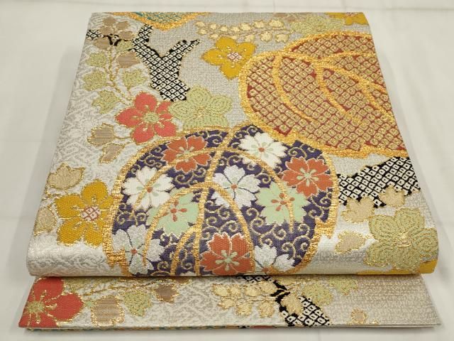 平和屋着物＊極上　夏物　全通柄袋帯　めがね織　横段文　金糸　逸品　CYAA4246s6 平和屋着物▽六通柄袋帯 手織 芽由衣 草花文 金糸 正絹 逸品