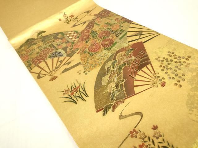 平和屋着物▽漆工芸作家 金森一博 六通柄袋帯 扇面御所車吉祥花文 金彩
