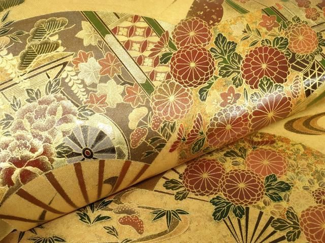 平和屋着物▽漆工芸作家 金森一博 六通柄袋帯 扇面御所車吉祥花文 金彩