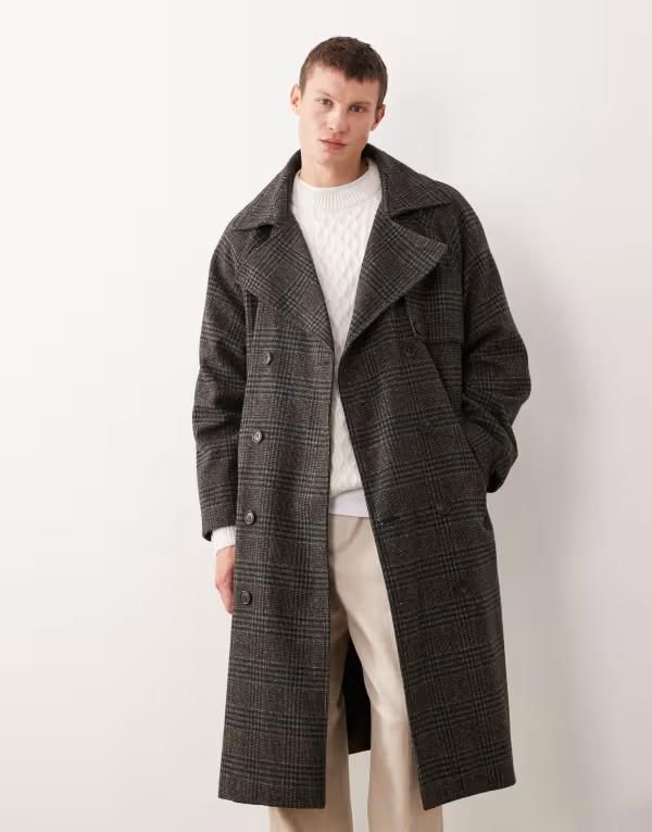 エイソス メンズ アウター コート ウール ASOS DESIGN plaid wool look trench coat Gray グレー
