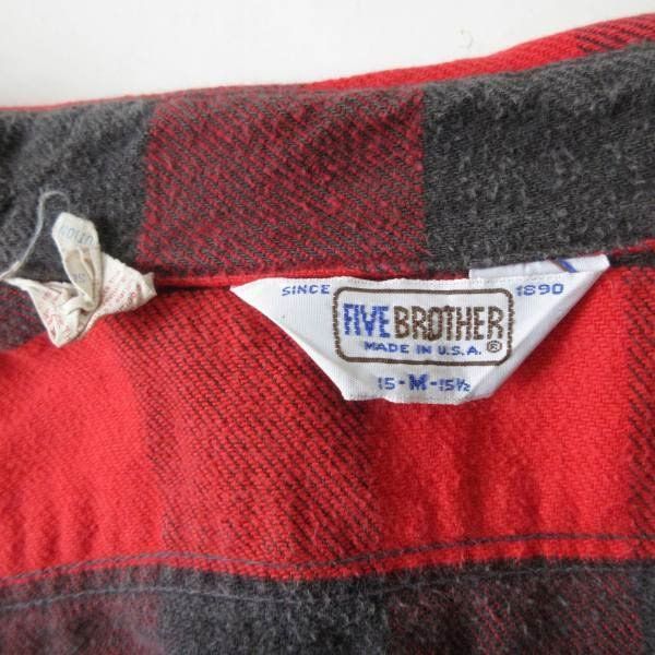 80s USA製 FIVE BROTHER ブロックチェック ネルシャツ M 赤黒系 レッド