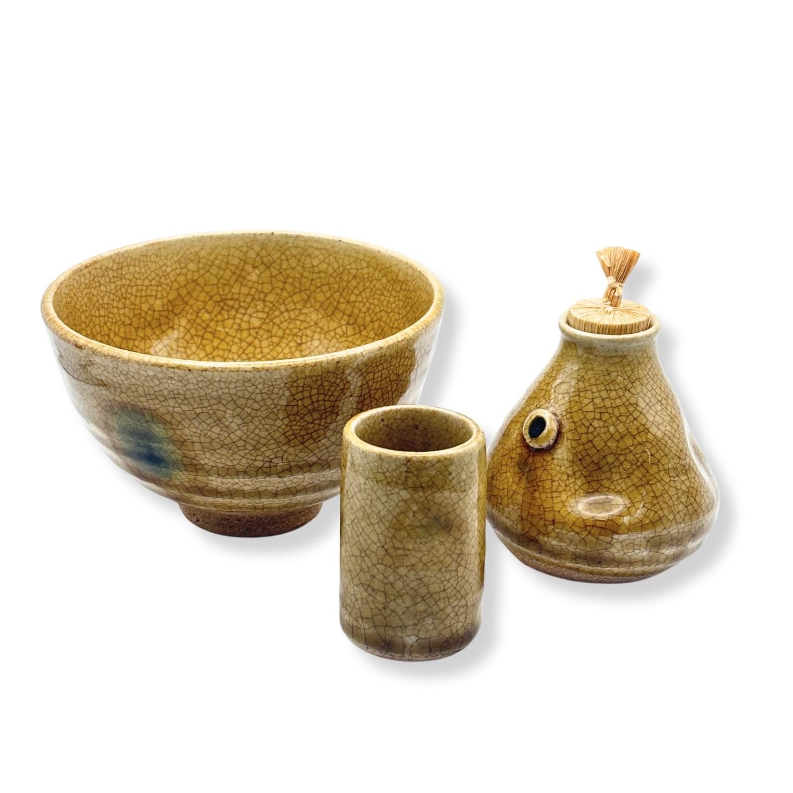 茶道具 三点セット(茶碗・振出・茶巾筒) 黄瀬戸 陶器三点揃 茶道 お稽古用 [C.黄瀬戸]