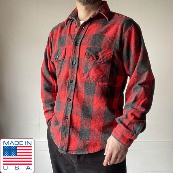 80s USA製 FIVE BROTHER ブロックチェック ネルシャツ M 赤黒系 レッド