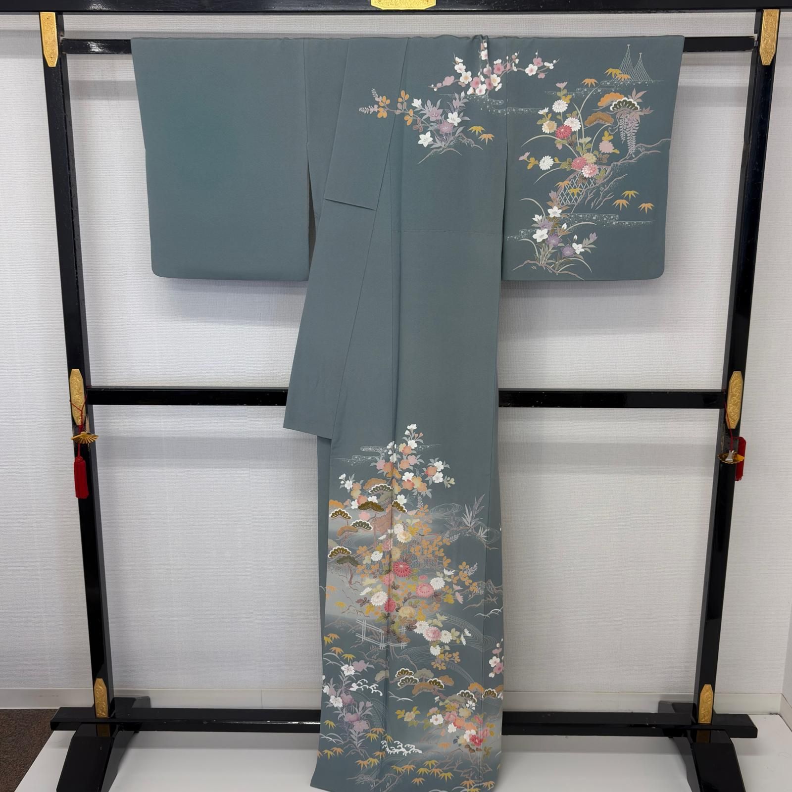 付け下げ 裄66 正絹 紋なし 友禅 松に美しい花 袷 着物 MK-5847 - メルカリ