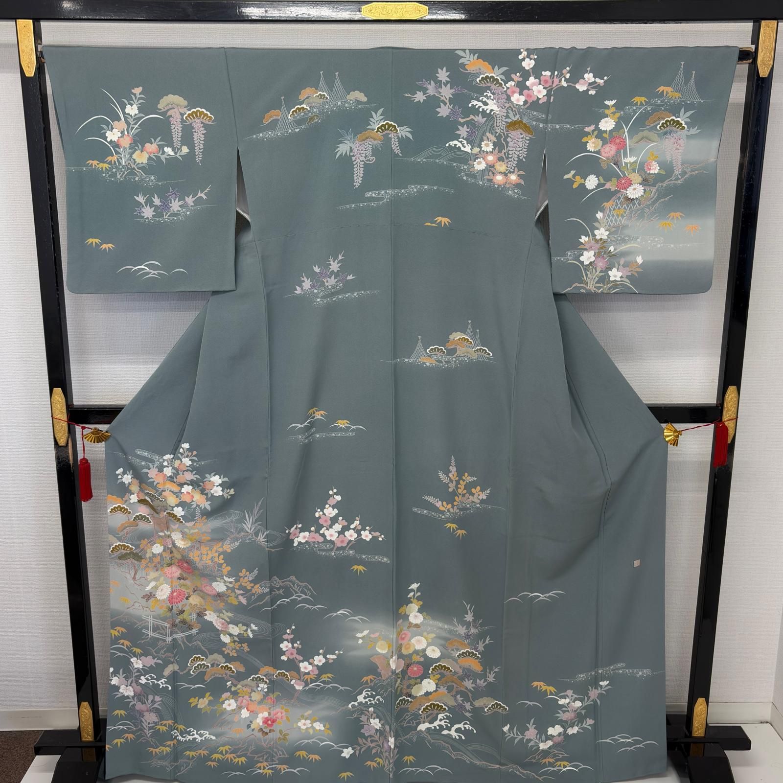 付け下げ 裄66 正絹 紋なし 友禅 松に美しい花 袷 着物 MK-5847 - メルカリ