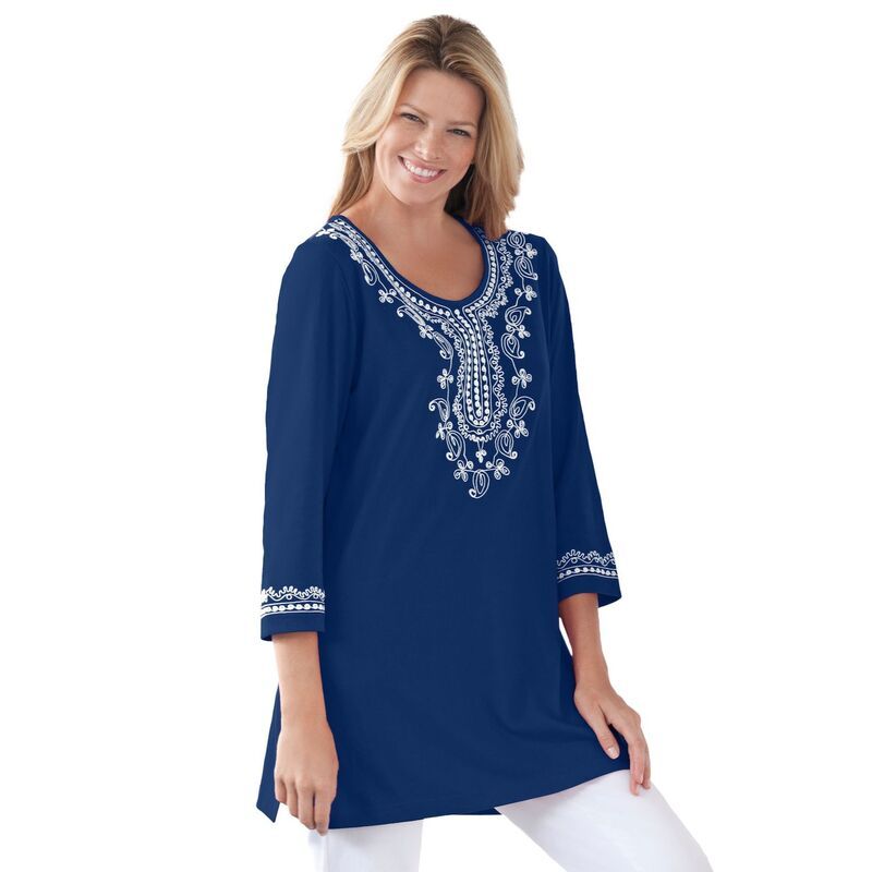 ウーマン ウィズイン レディース トップス Tシャツ プラスサイズ 刺繍 ニット Woman Within Womens Plusizembroidered Knitunic Evening Blue ブルー