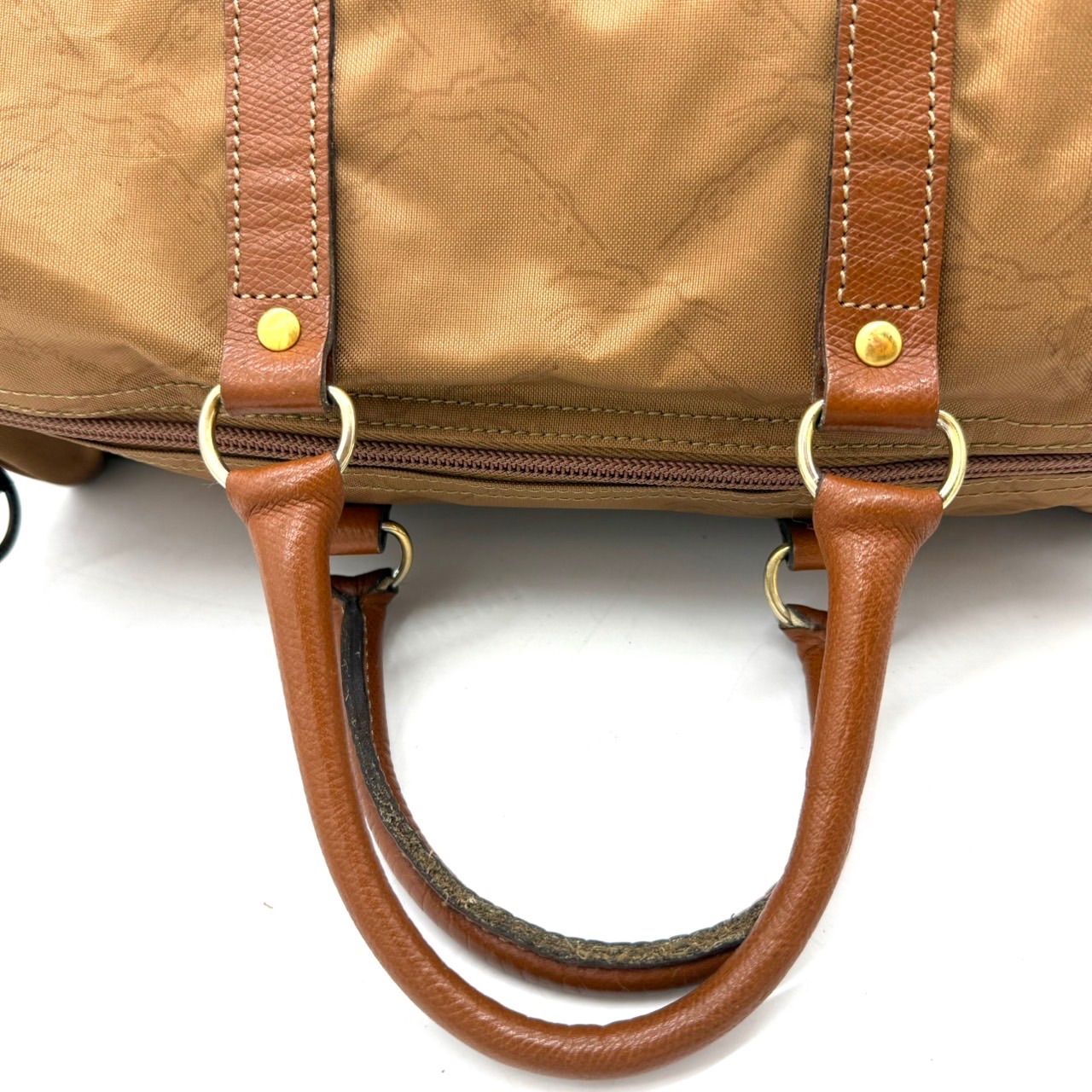 LONGCHAMP ロンシャン ボストンバッグ ブラウン ナイロン レザー 総柄 