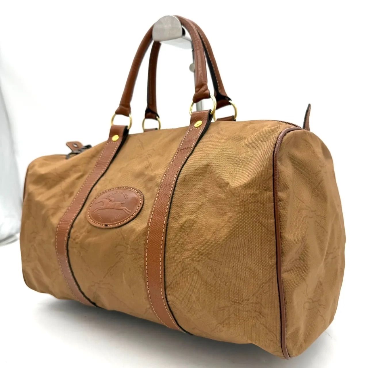 LONGCHAMP ロンシャン ボストンバッグ ブラウン ナイロン レザー 総柄 