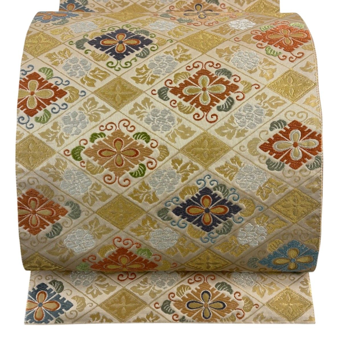 美品】 袋帯 秀品 花菱 花唐草 唐織 金糸 ベージュ 六通 正絹 美品】 袋帯 秀品 花菱 花唐草 唐織 金糸 ベージュ 六通 正絹