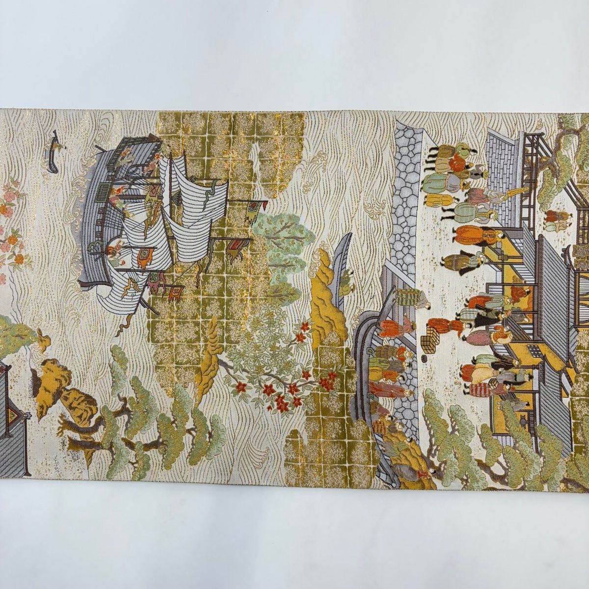 袋帯 秀品 風景 人物 純金箔 金色 六通 正絹(仕立て上がり)｜売買され