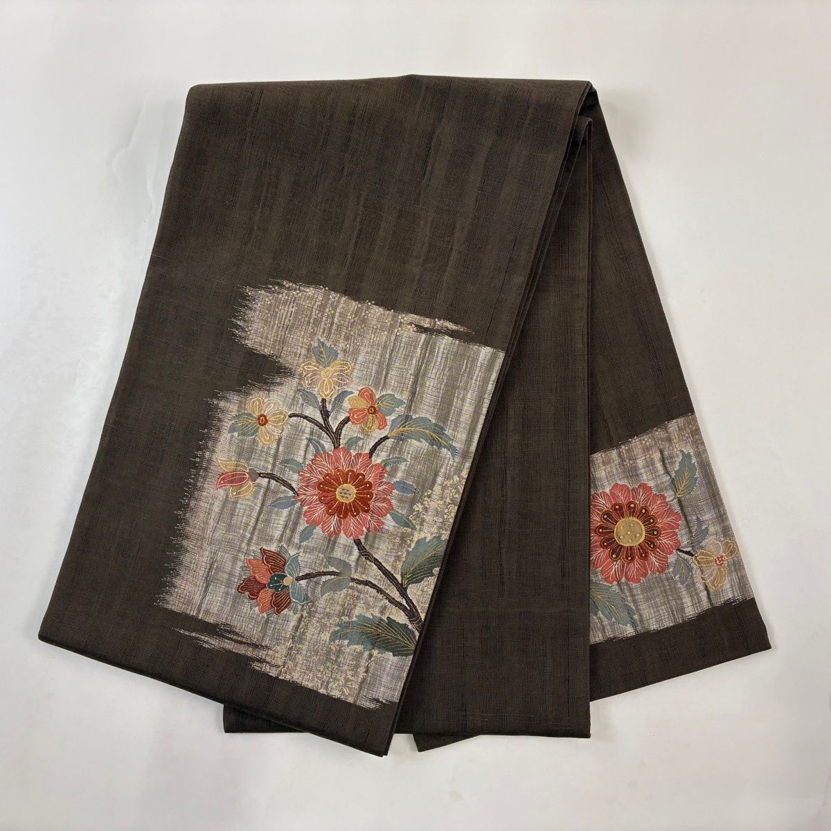 美品】 袋帯 秀品 夏帯 夏紬地 鈴乃屋 草花 金糸 刺繍 焦茶色