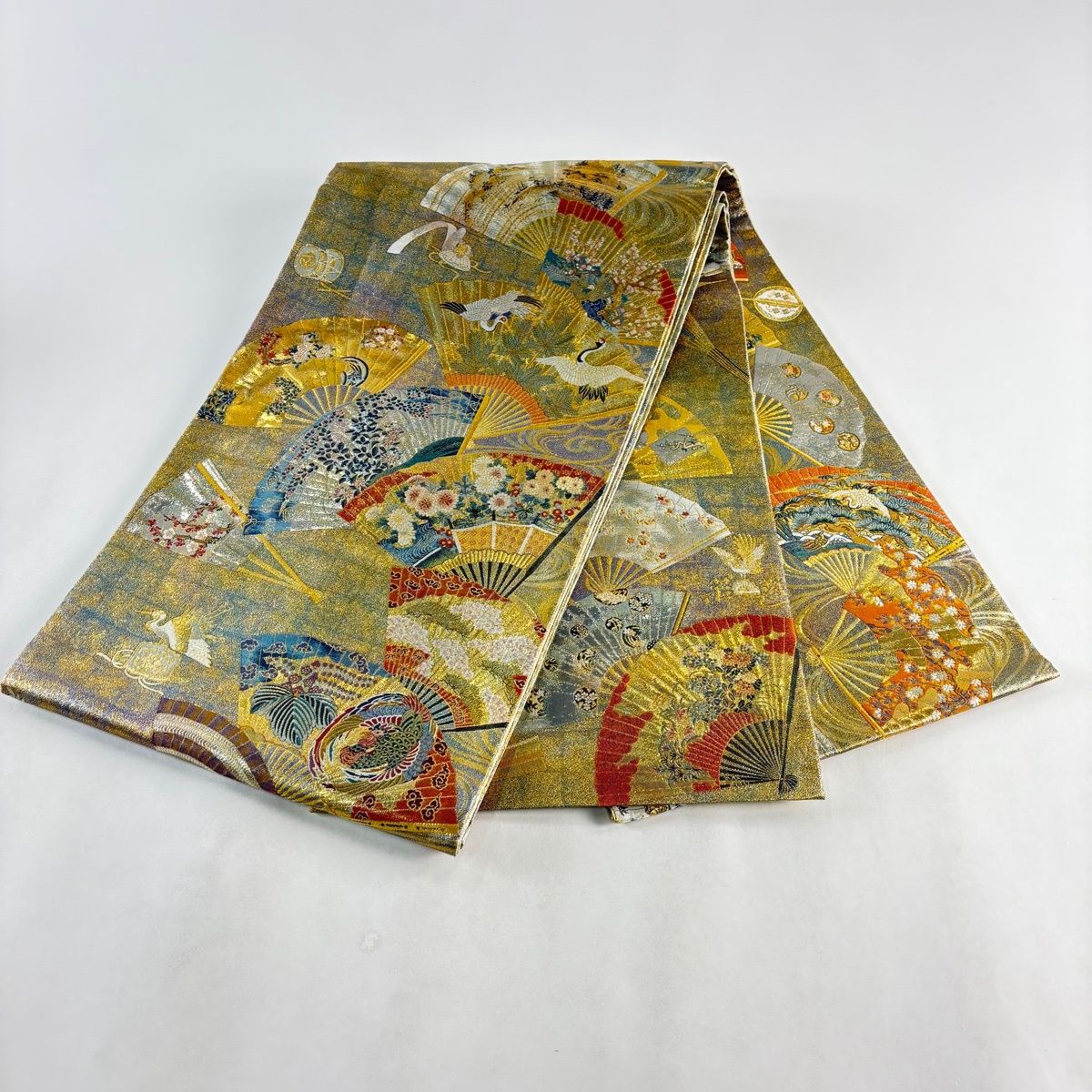 袋帯 秀品 扇面 風景 金糸 箔 金色 お太鼓柄 正絹｜中古・古着 
