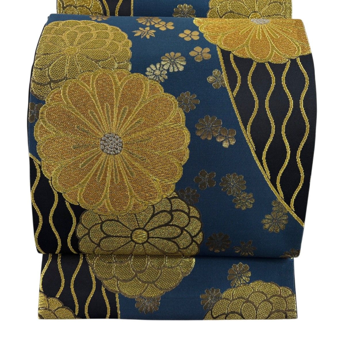 美品】 袋帯 秀品 菊 立涌 金銀糸 箔 紺色 六通 正絹 【中古 美品】 袋帯 秀品 菊 立涌 金銀糸 箔 紺色 六通 正絹 【中古