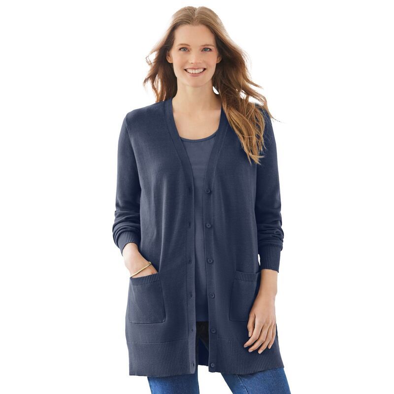 ウーマン ウィズイン レディース アウター ニット・セーター プラスサイズ コットン カーディガン Woman Within Plusize Perfect LongerLength Cotton Cardigan Sweater Navy ネイビー
