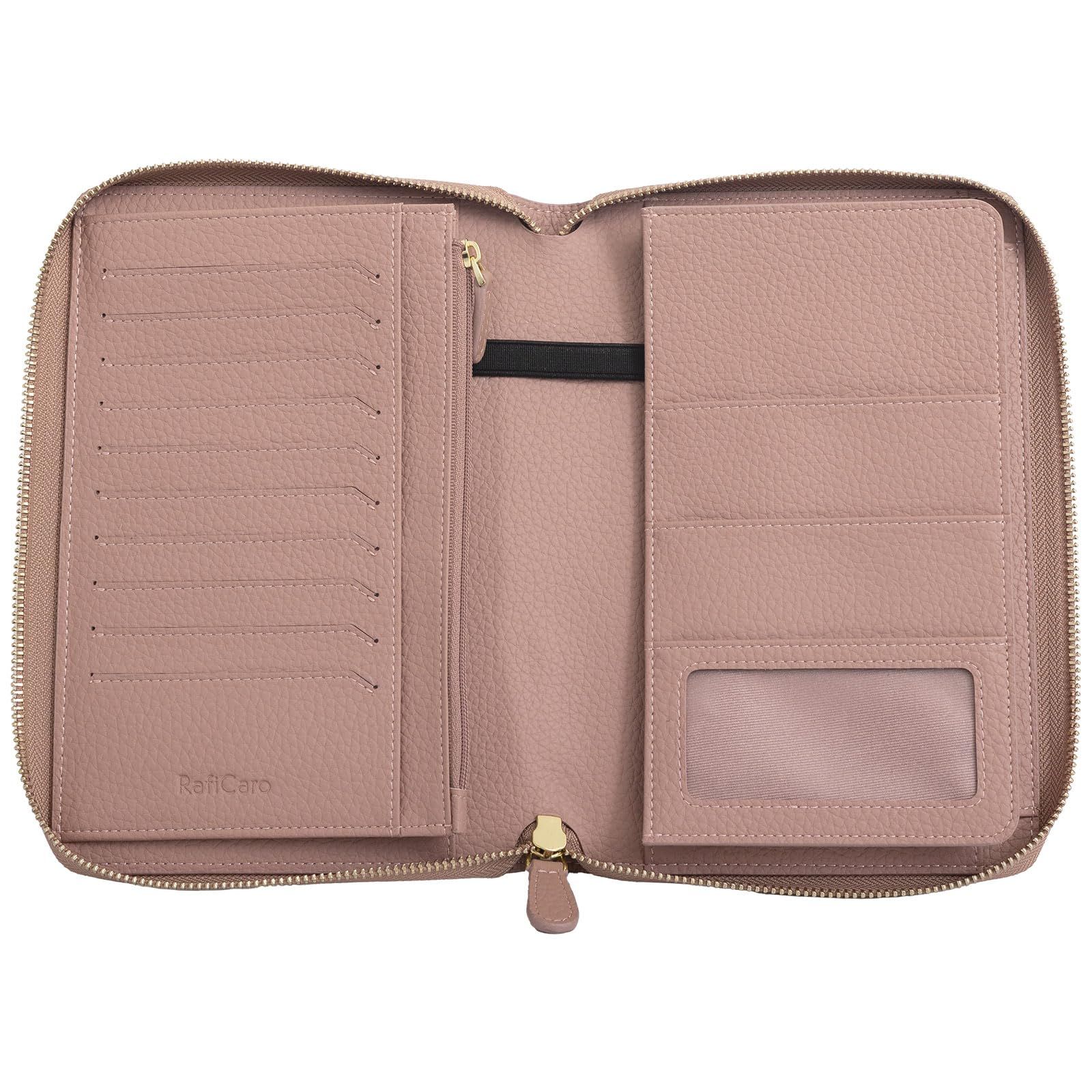 新品 [RafiCaro] 母子手帳ケース 大容量 【現役看護師が監修】 お薬手帳 カバー 本革 二人用 A6 B6 マチ付き 通院 ケース マルチケース 人気 保険証 通帳 パスポート ダスティピンク