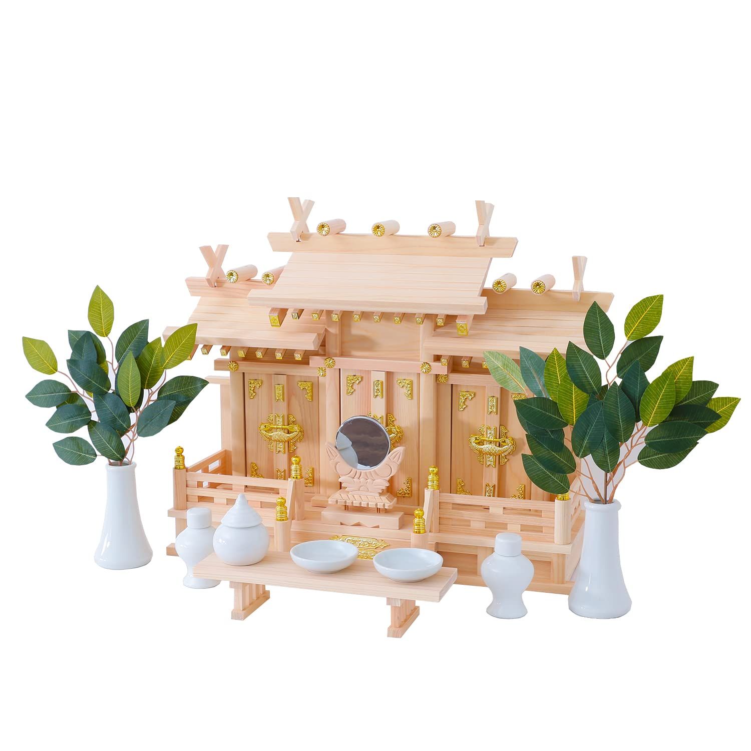 新品 神棚の里 人気No.1 すべて揃ってお悩み不要 簡単お神札交換 神棚 セット 三社 神具付き 屋根違い三社 つむぎ 神棚セット 本格 新築 開店 事務所 従来 小サイズ 一式