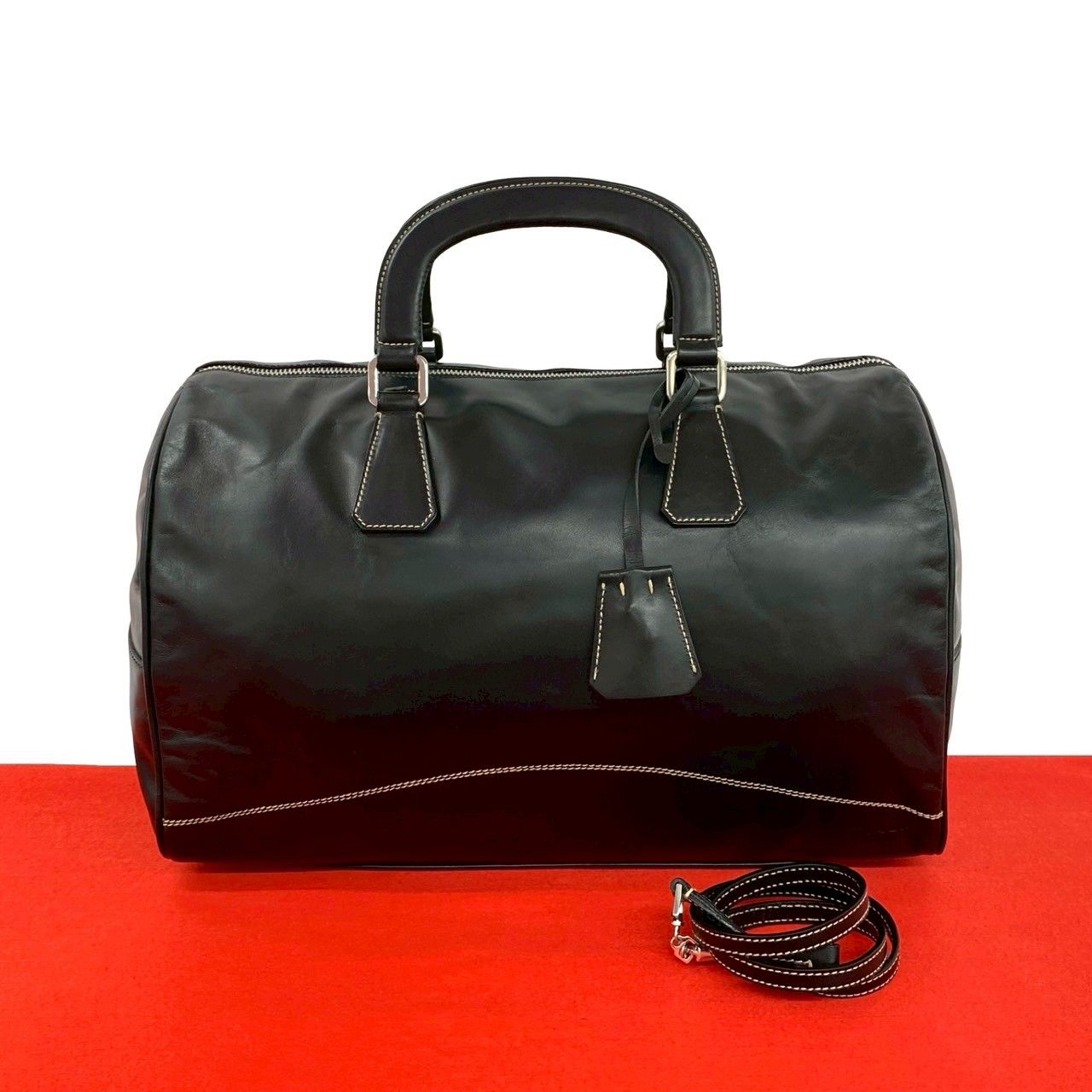 極 美品 希少品 PRADA プラダ ロゴ 金具 ステッチ レザー 本革 2way