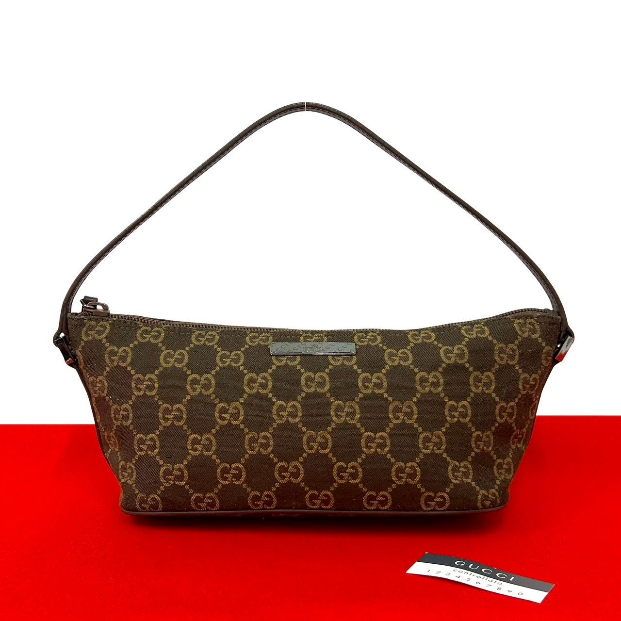 極 美品 GUCCI グッチ GG 柄 ロゴ プレート 金具 キャンバス レザー 本 
