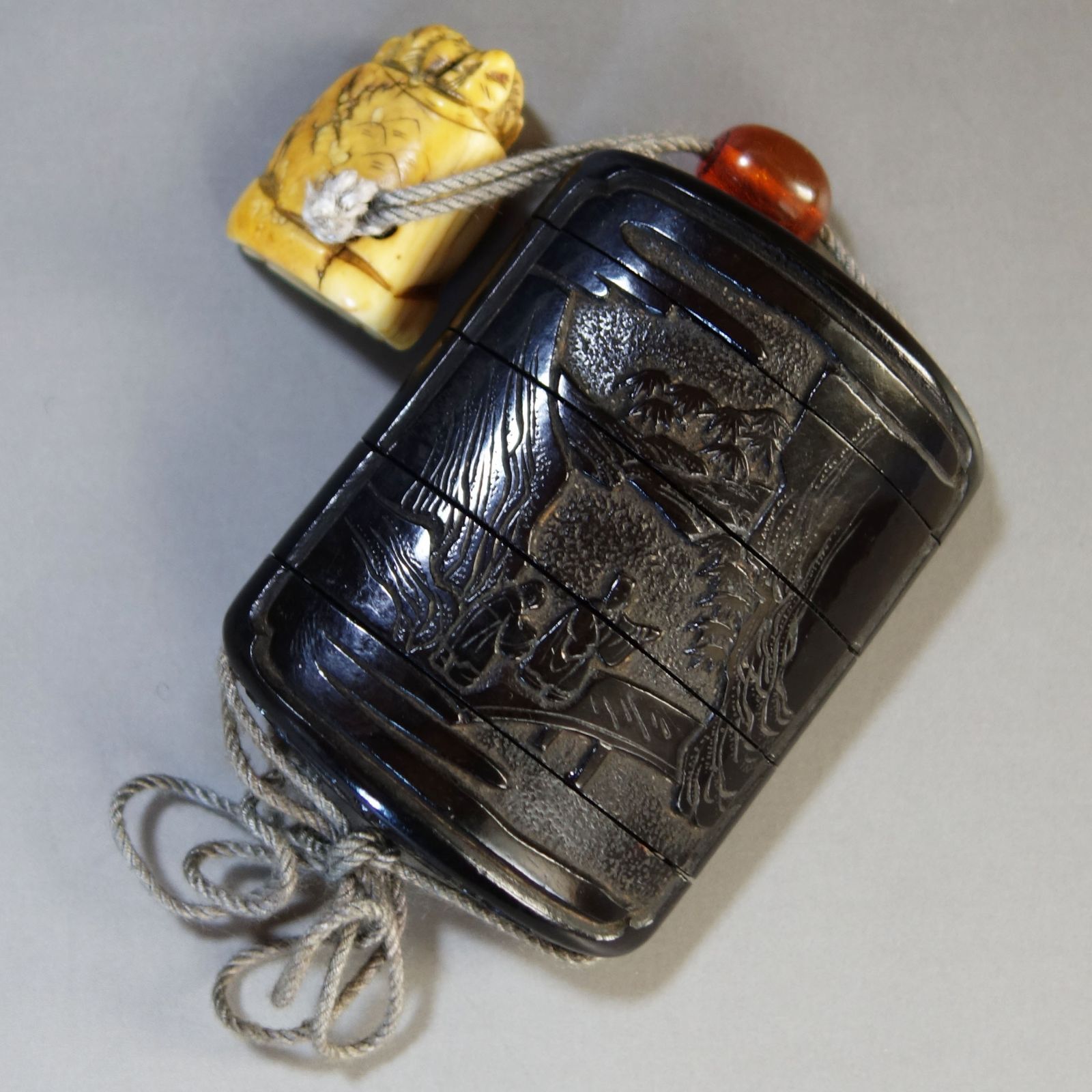 時代 堆黒 人物山水図 印籠 箱付 提物 漆芸 骨董品 美術品 8330bca 堆 