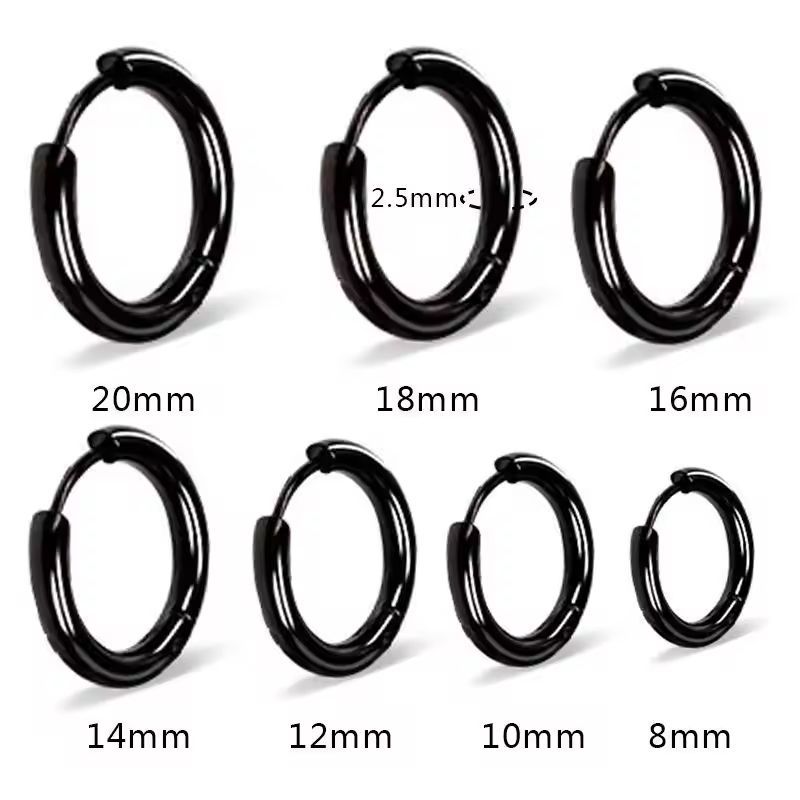 2個セット 8mm ブラック フープピアス ステンレス 両耳用 レディース
