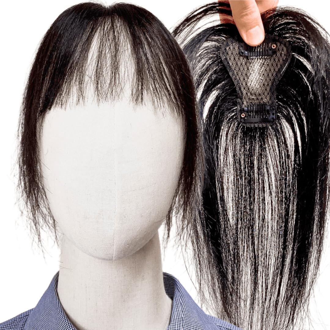 Luce brillare 部分ウィッグ ヘアピース ポイントウィッグ 女性 レディース 人毛100% かつら 前髪ウィッグ ショート トップピース トップカバー 前髪 つむじ 頭頂部 白髪カバー 医療用 [前髪カット(ナチュラルブラック)] [8×6cm]