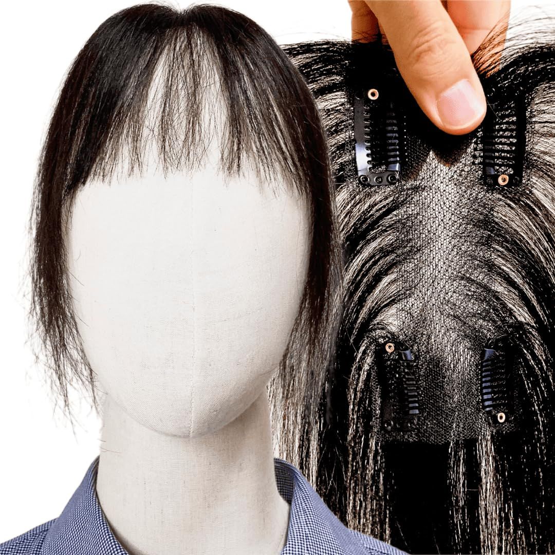 Luce brillare 部分ウィッグ ヘアピース ポイントウィッグ 女性 レディース 人毛100% かつら 前髪ウィッグ ショート トップピース トップカバー 前髪 つむじ 頭頂部 白髪カバー 医療用 [前髪カット(ナチュラルブラック)] [12×6cm]