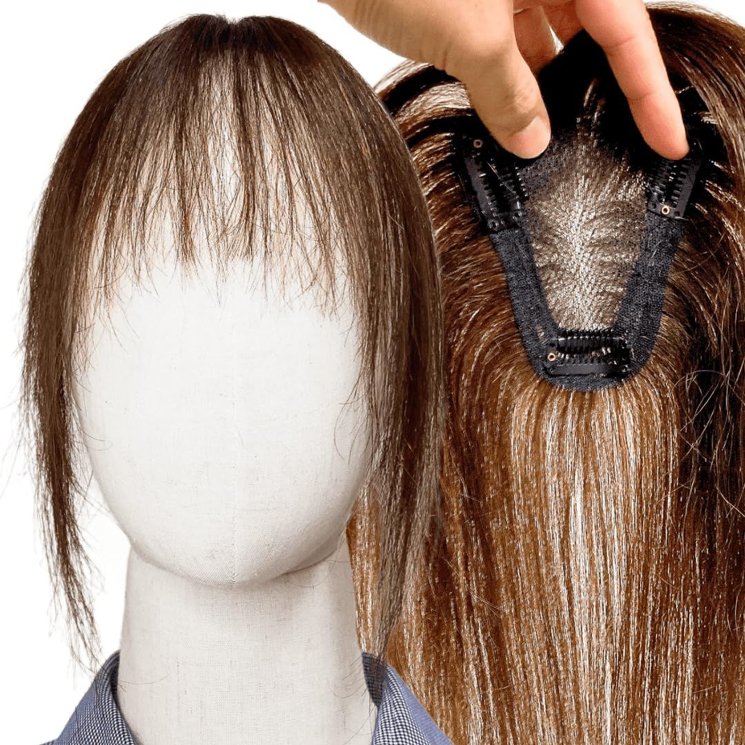 Luce brillare 部分ウィッグ ヘアピース ポイントウィッグ 女性 レディース 人毛100% かつら 前髪ウィッグ ショート トップピース トップカバー 前髪 つむじ 頭頂部 白髪カバー 医療 [前髪カット(ナチュラルブラウン)] [10×10cm]