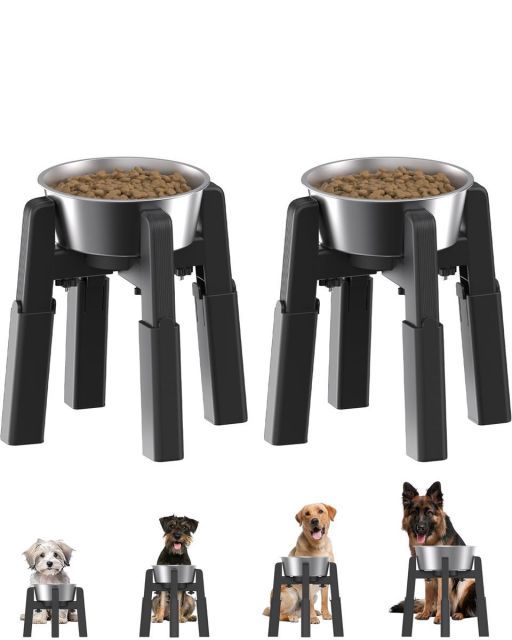 【送料無料】JUNSPOW 2個パック昇降式ペットボウルスタンド 【ステンレスボウル付き】 犬 水飲み フードボウル 餌入れ食器台 ご飯台 大容量適用 高さ・幅広さ調節可能 ABS材料 安定 滑り止め