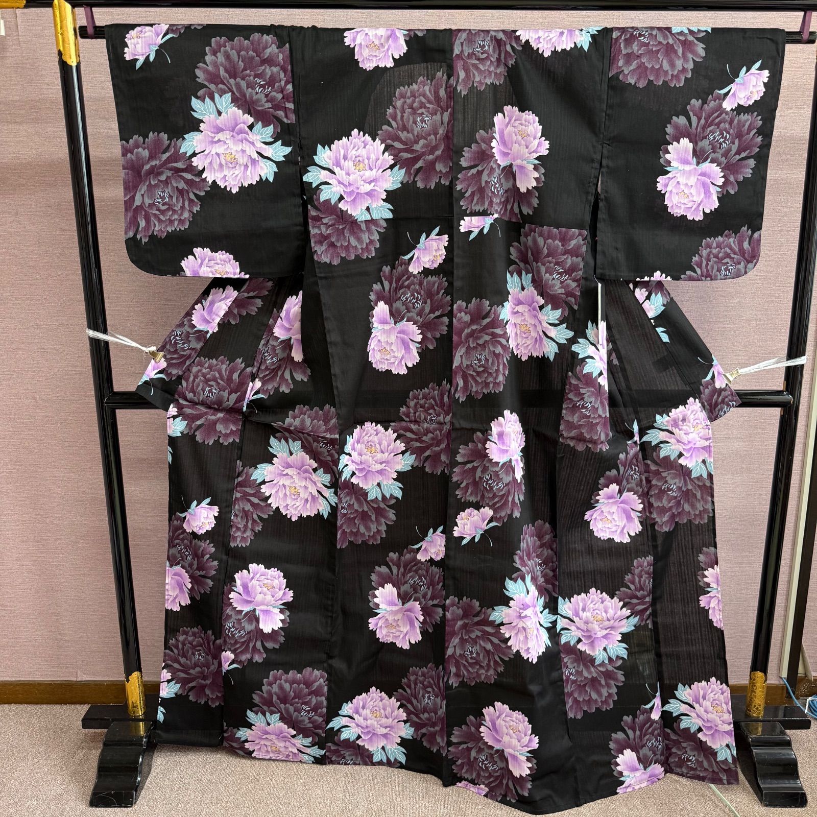 浴衣 新品 女物 黒 ピンク 牡丹 綿 リサイクル着物 y-1041 - メルカリ