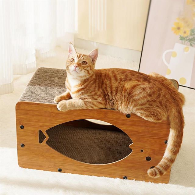 【送料無料】GLOLIT 大型 猫 爪研ぎ 段ボール、木製 猫キャットハウス、キャットベッド 二重層 四季対応 耐久性 高密度 家具傷防止 運動不足改善 ストレス解消 両面使用可能,55x29x28cm(タイプB)