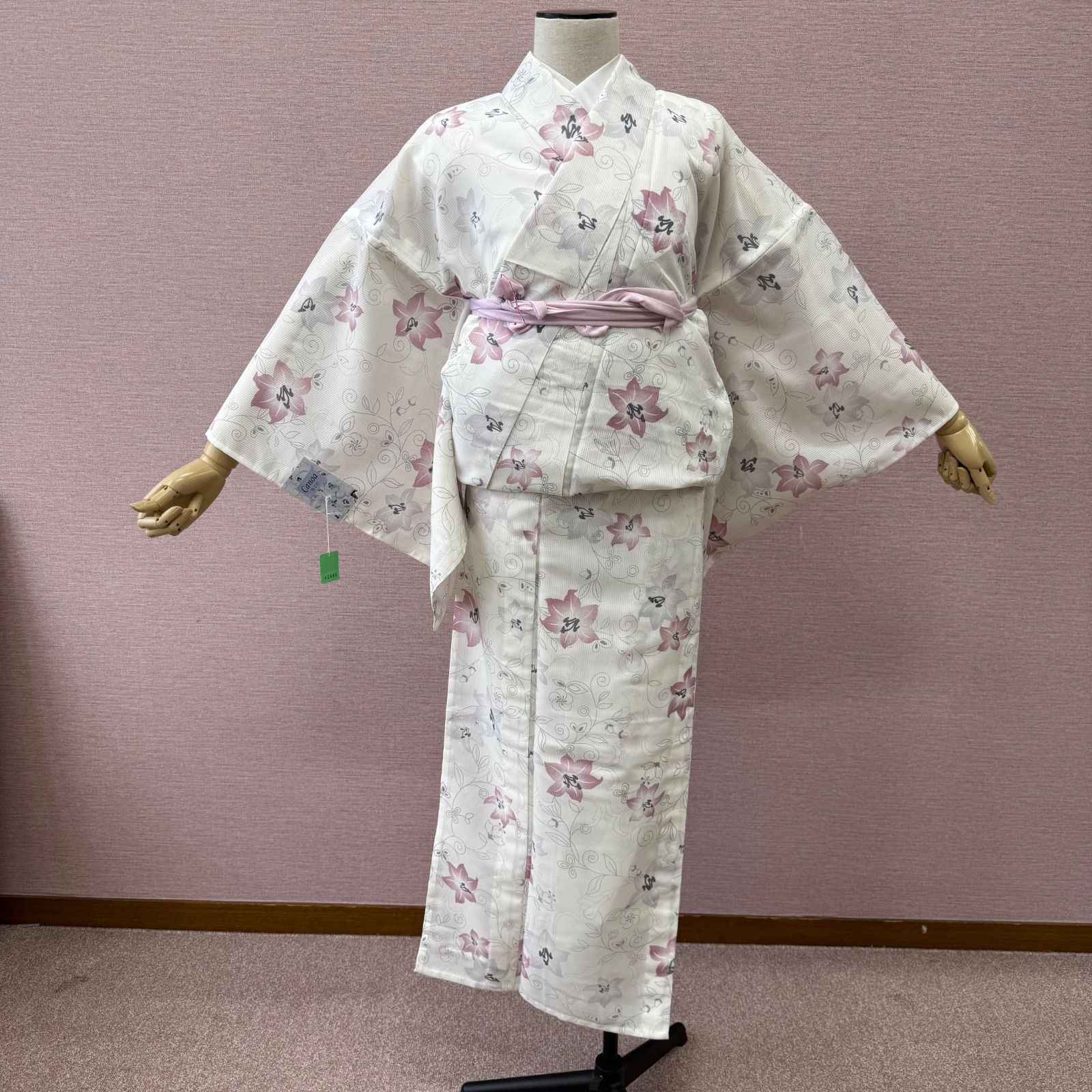 小紋 着物 夏物 絽 新品ポリ 洗える着物 白地 リサイクル着物 k-1043 