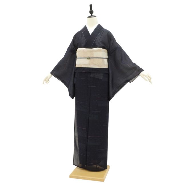 新古品】 夏物 単衣 着物 未使用 紗紬 正絹 十日町 やまと 扱い 黒紺地 