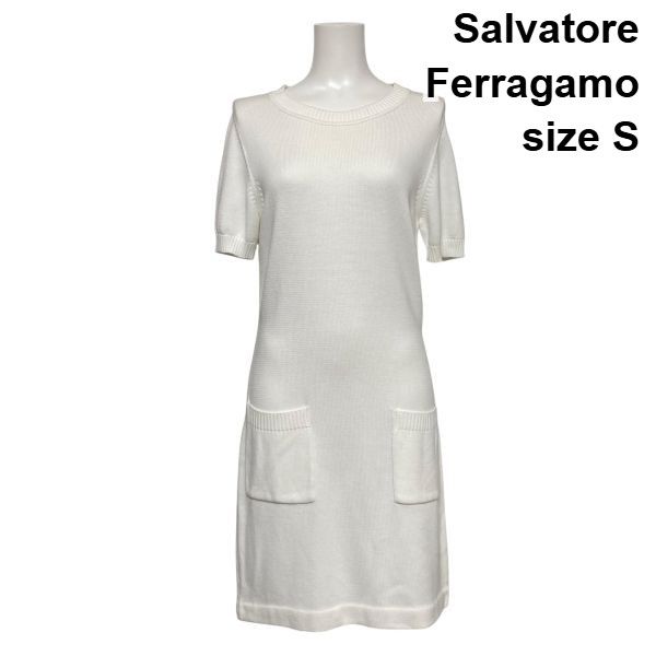 FERRAGAMO 半袖ニットワンピース ホワイト M ○◇ サルヴァトーレフェラガモ Salvatore Ferragamo 半袖ニット