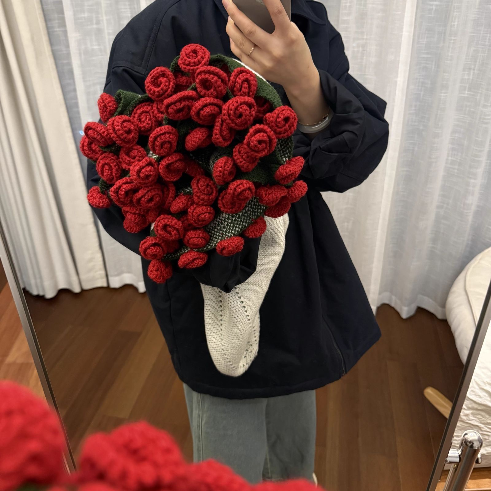 完成品 直径100cm 花束ブランケット 99本の花 ブーケブランケット マジックフラワー かぎ針編み?ニット製?手編みフラワーデザイン 雰囲気