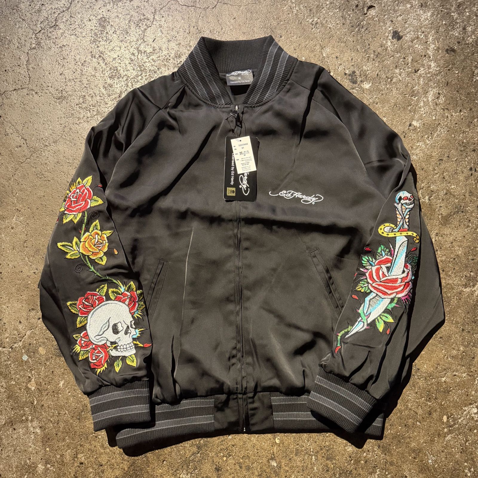 Ed Hardy 袖刺繍 スカジャン スカル ローズ ブラック M エドハーディ
