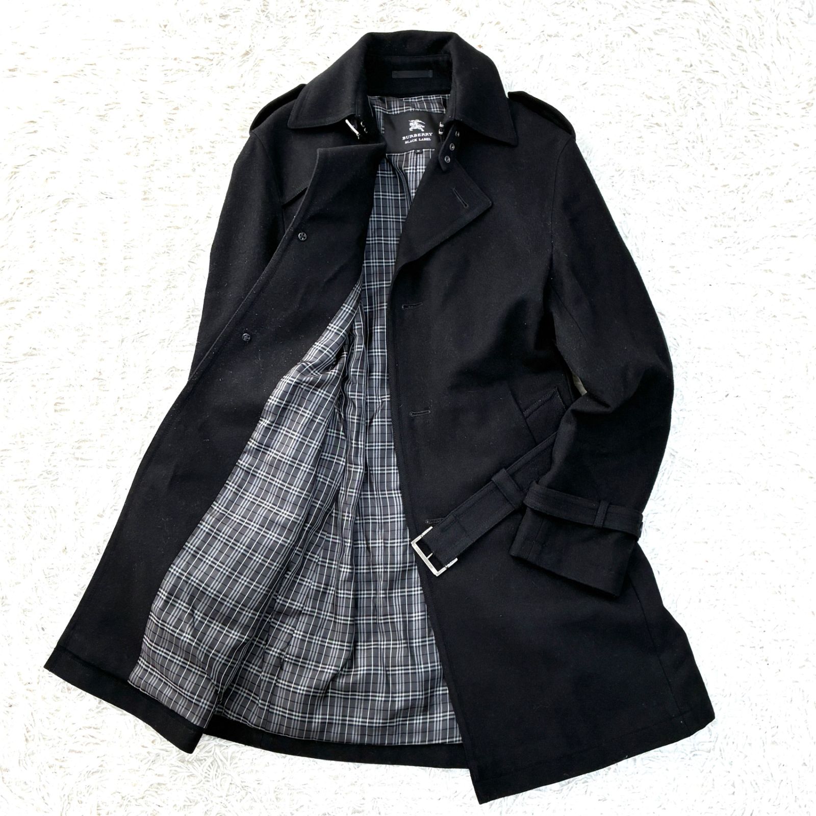 美品 BURBERRY BLACK LABEL バーバリーブラックレーベル ノバチェック ウール トレンチコート ブラック 黒 ベルト Dカン Lサイズ 3 メンズ アウター 三陽商会 希少 美品 BURBERRY BLACK LABEL バーバリーブラックレーベル ノバチェック
