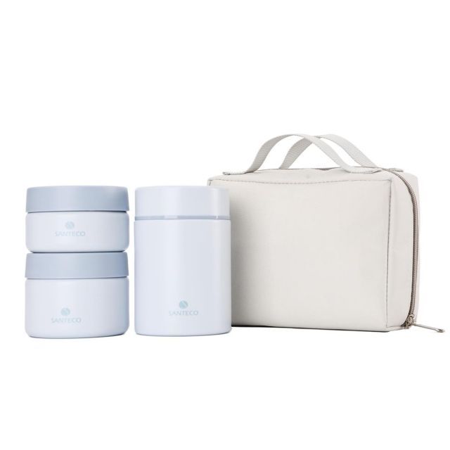 【送料無料】SANTECO 真空断熱スープランチセット 1050ml ランチジャー保温弁当箱 スプーン 専用バッグ付 オシャレ 男女兼用 ピクニック 部活用 (スカイブルー) (クラウドブルー)