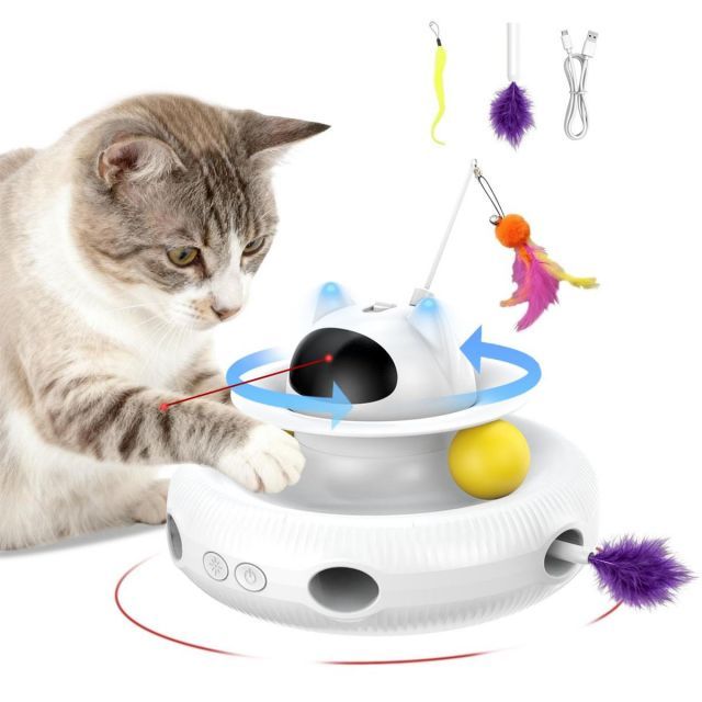 猫 おもちゃ 電動 5 in 1 充電式猫用おもちゃ LEDライト 猫の ちゃ猫じゃらし猫の好奇心を刺激 狩猟本能を刺激 猫 おもちゃ 一人遊び 運動不足解消