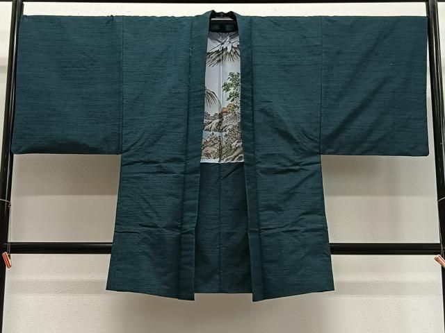 平和屋着物∞男性 長羽織 紬地 高麗納戸色 正絹 逸品 CABD4779ua