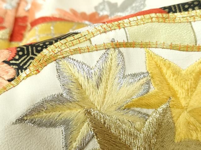 平和屋着物□豪華振袖 駒刺繍 地紙御所車花文 金銀糸 正絹 逸品