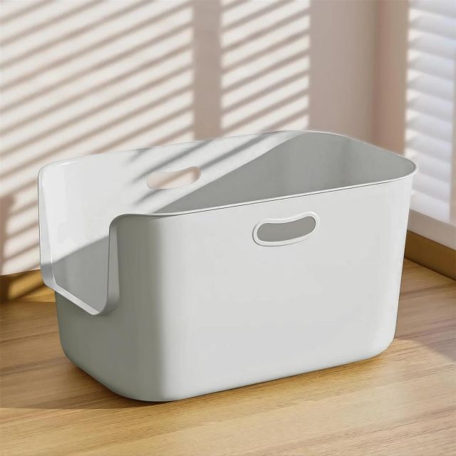 猫トイレ 大型 ネコ ねこ 猫トイレ本体 大きい 深い 飛び散り防止 オープンタイプ シンプル 一体成形 お掃除 ラクラク 取っ手付き 56×40×35cm（グレー）