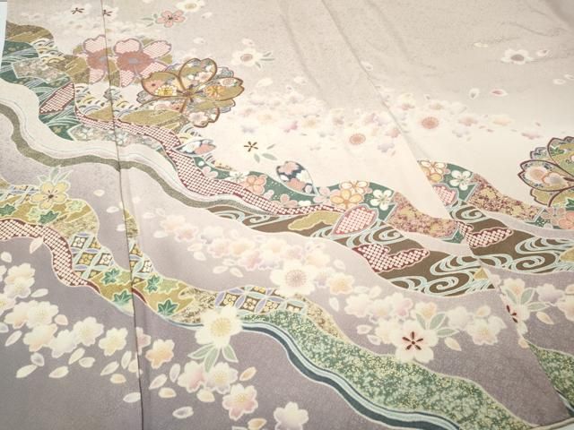 平和屋着物●訪問着　駒刺繍　道長舞桜文　暈し染め　金彩　ロング丈　正絹　逸品　CABD7597ut 平和屋着物○訪問着 駒刺繍 道長舞桜文 暈し染め 金彩 ロング丈 正絹