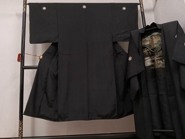 平和屋着物●男性　黒紋付・羽織セット　正絹　逸品　AABH2074ph