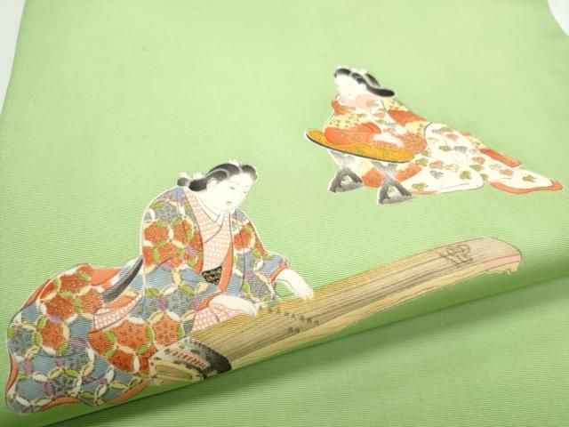平和屋着物●銀座　志ま亀　塩瀬　九寸開き名古屋帯　手描き　楽器人物文　金彩　正絹　逸品　CABE4689hy 平和屋着物○銀座 志ま亀 塩瀬 九寸開き名古屋帯 手描き 楽器人物文