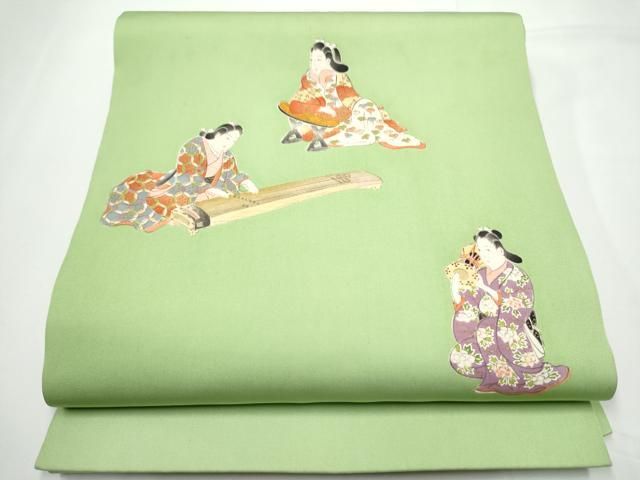平和屋着物●銀座　志ま亀　塩瀬　九寸開き名古屋帯　手描き　楽器人物文　金彩　正絹　逸品　CABE4689hy 平和屋着物○銀座 志ま亀 塩瀬 九寸開き名古屋帯 手描き 楽器人物文